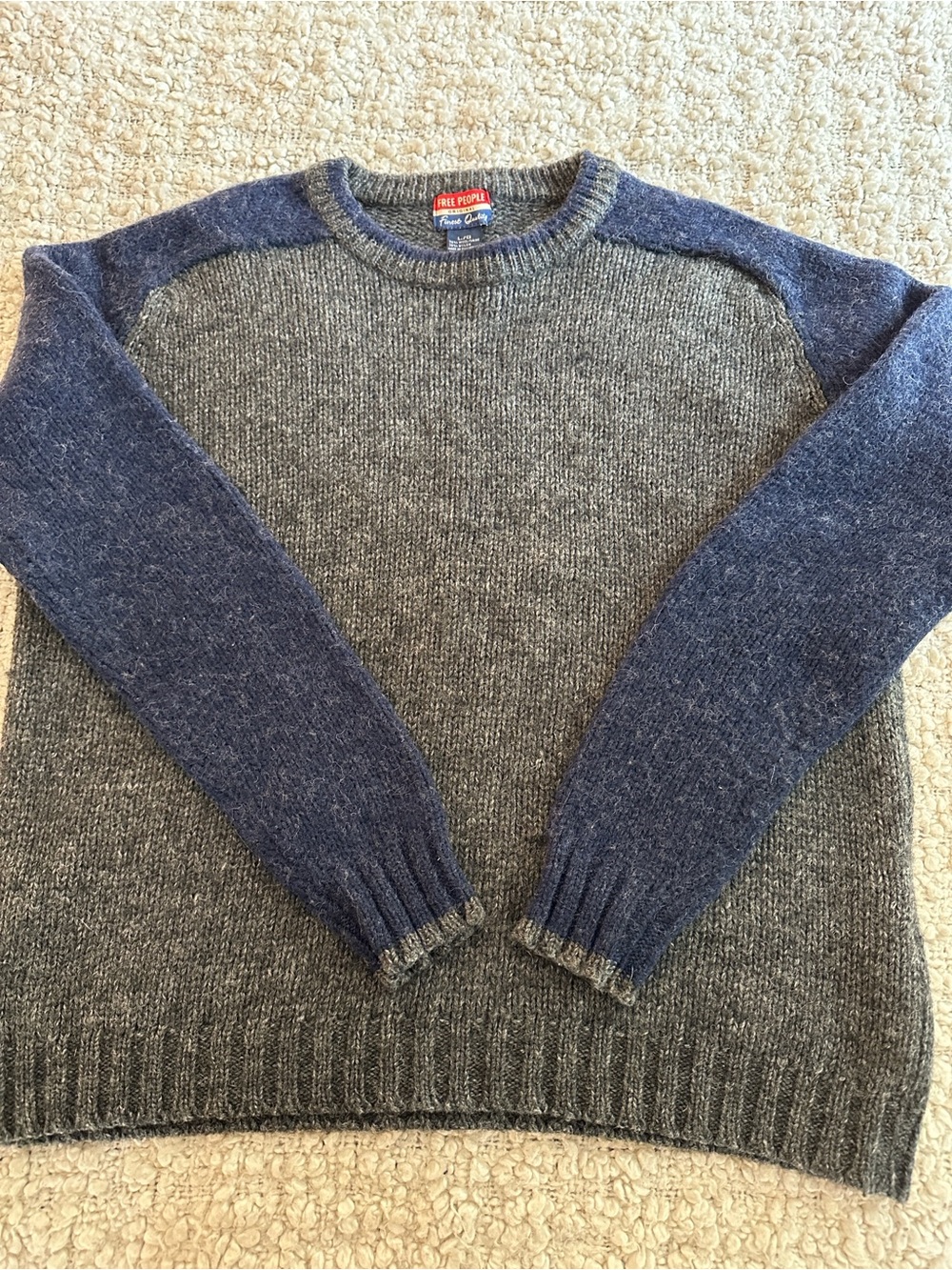Free People Men’s Wool Blend Crewneck Sweater in Gray with Blue Sleeves